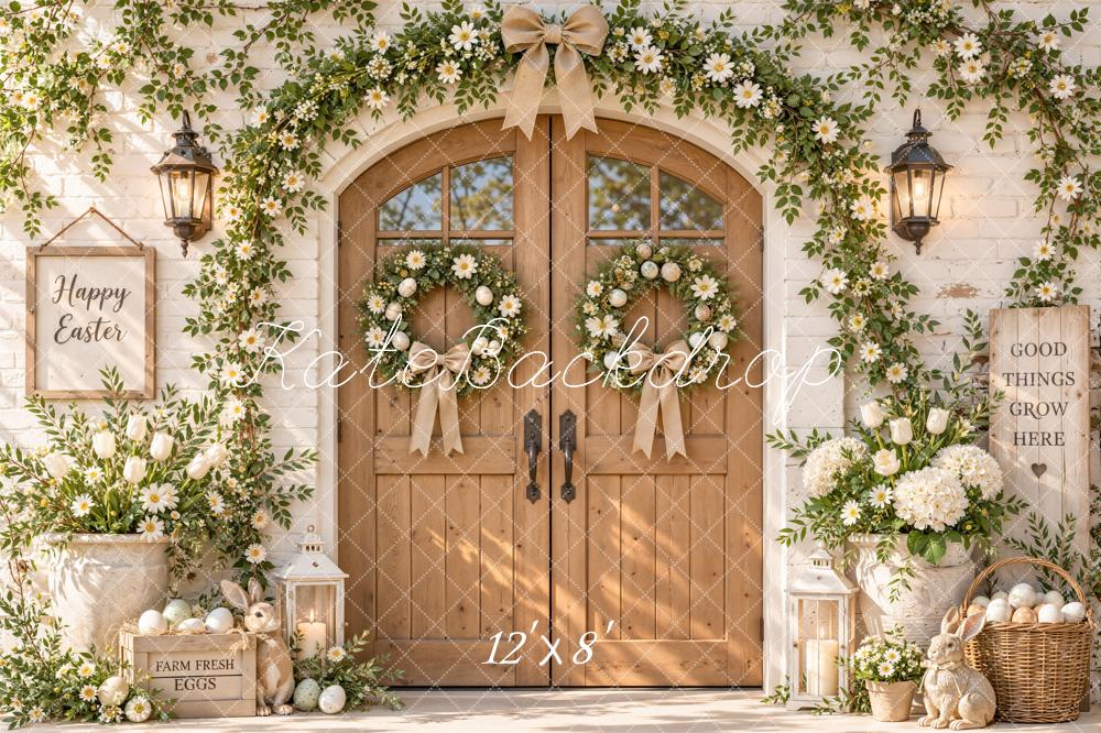 Kate Easter Wood Door Flower Arch Farmhouse Bunny Printed Backdrop Designed by Emetselch