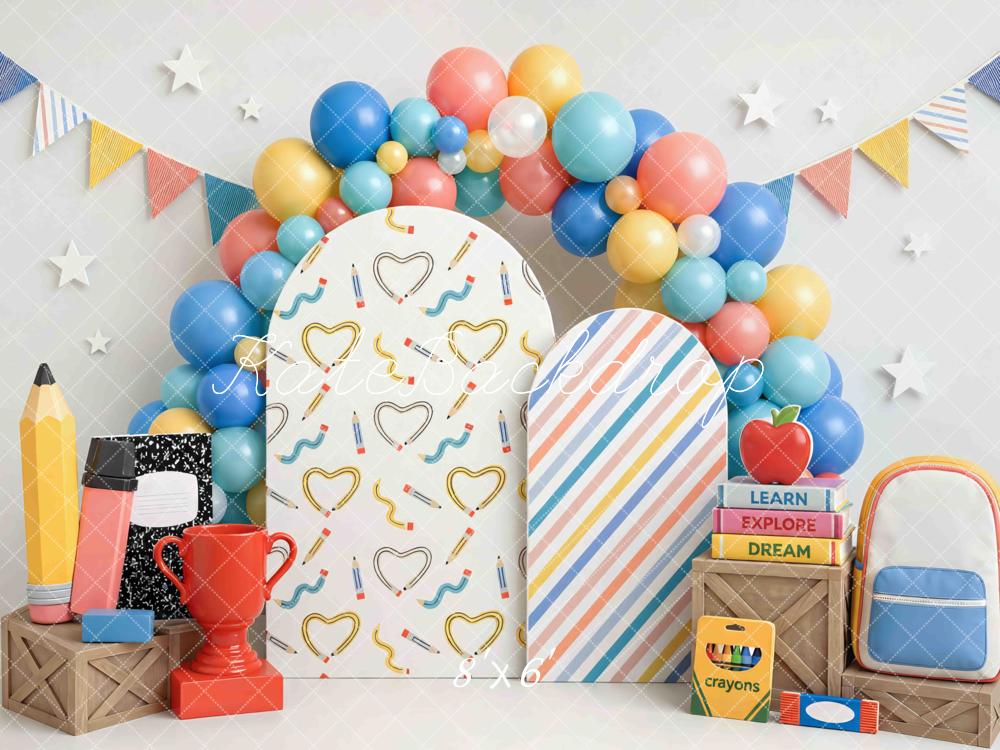 Kate Back to School Balloons Pencil Books Arch Garland Printed Backdrop Designed by Mini MakeBelieve