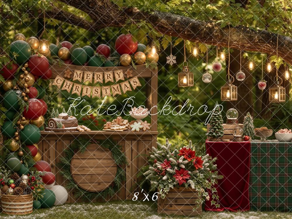 Kate Christmas Branch Arch Dessert Table Outdoor Green Red Balloons Printed Backdrop Designed by Emetselch