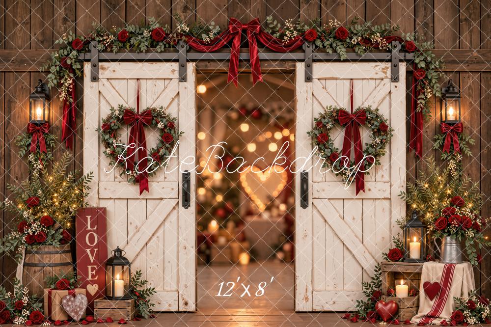 Kate Valentine's Day Rustic Barn Doors Roses Heart Wreath Printed Backdrop Designed by Emetselch