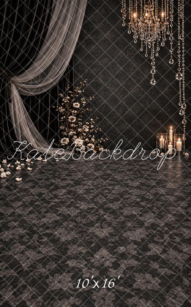 Kate Sweep Black Chandelier Crystal Wedding Drapery Printed Backdrop Designed by Vertigo Productions