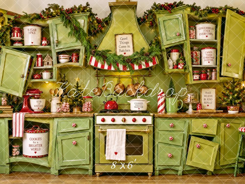 Kate Christmas Whimstical Green Kitchen Cabinet Printed Backdrop Designed by Patty Roberts