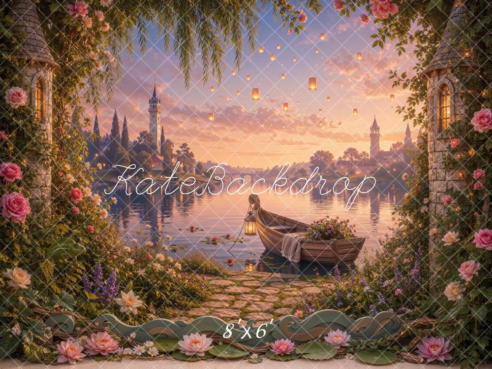 Kate Fairy Fantasy Castle Lake Boat Garden Flowers Sunset Printed Backdrop Designed by Ashley Ward