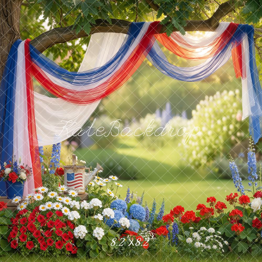 Kate 4th Of July Patriotic Red White Blue Drapes Garden Flowers Printed Backdrop Designed by Emetselch