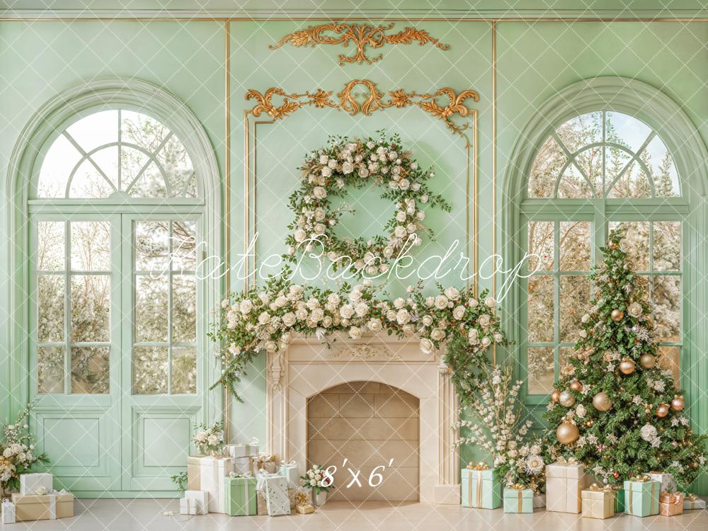 Kate Christmas Tree Floral Fireplace Green Window Backdrop Designed by Emetselch