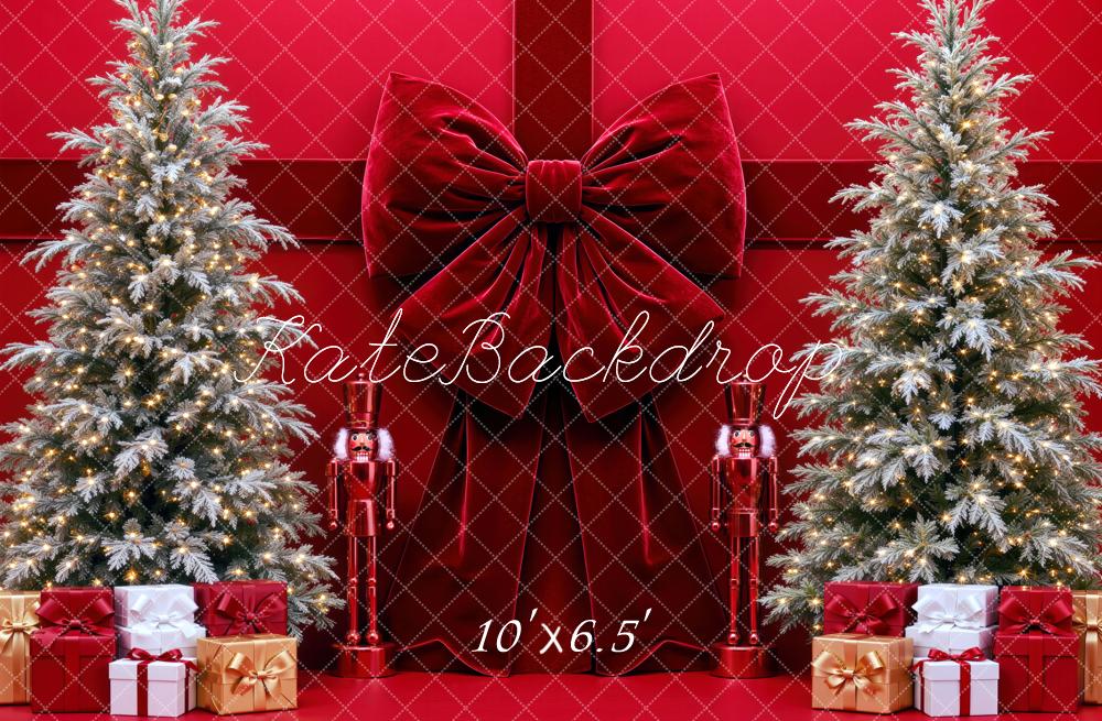 Kate Christmas Red Velvet Bow Christmas Trees Gift Printed Backdrop Designed by Mini MakeBelieve
