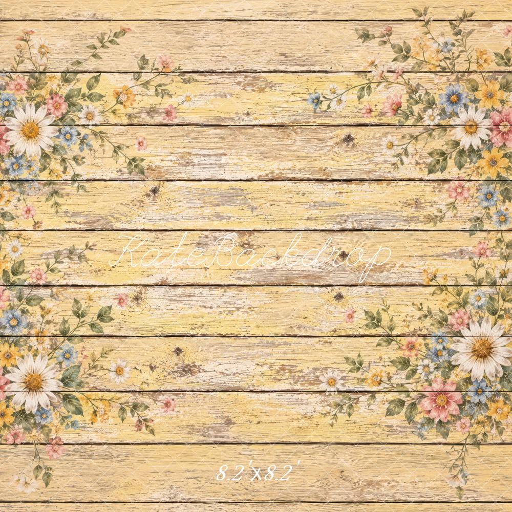 Kate Yellow Vintage Floral Wood Plank Floor Printed Backdrop Designed by Laura Bybee