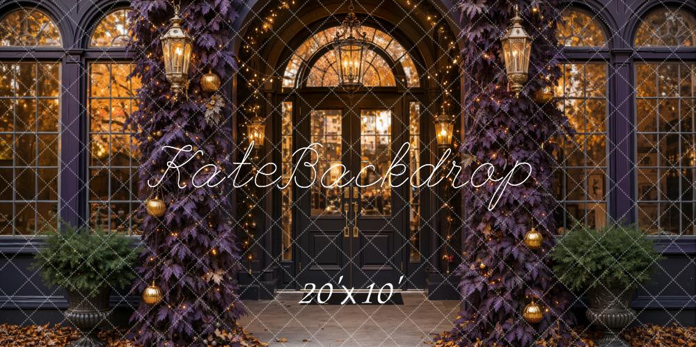 Kate Halloween Dark Purple Leaves Vintage Archway Entrance Printed Backdrop Designed by Emetselch
