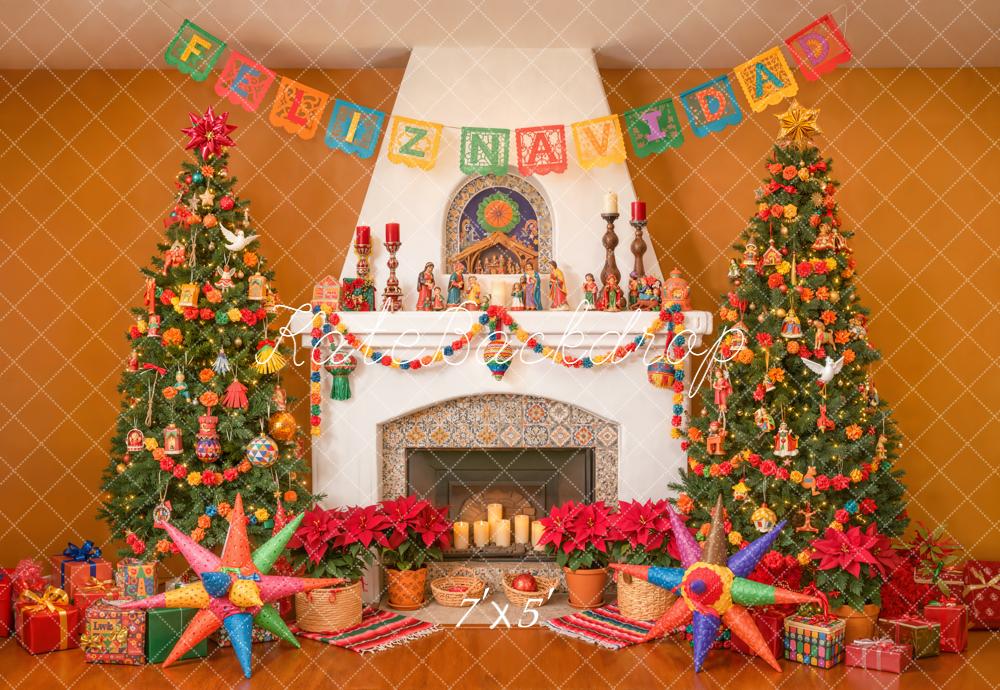 Kate Christmas Mexican Navidad Fireplace Trees Piñata Gifts Backdrop Designed by Emetselch