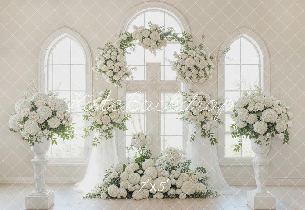 Kate Romantic Church White Flower Arch Cross Windows Printed Backdrop Designed by Emetselch