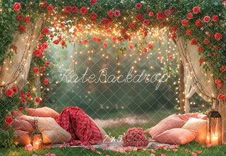 Kate Valentines Rose Arch Cozy Pillows Garden Fairy Lights Printed Backdrop Designed by Emetselch