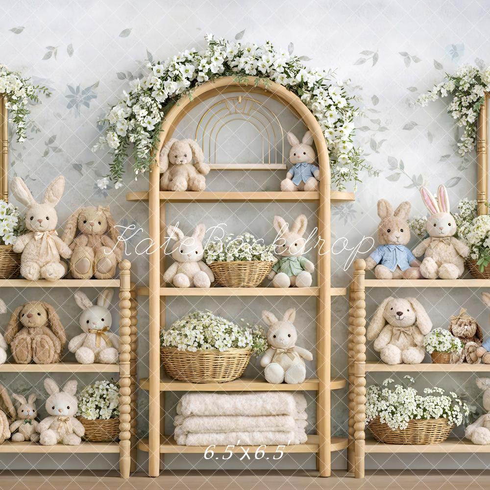 Kate Easter Bunny Flower Arch Plush Shelves Printed Backdrop Designed by Mini MakeBelieve