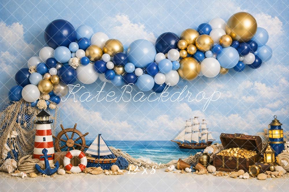 Kate Nautical Balloons Pirate Ship Treasure Lighthouse Printed Backdrop Designed by Caitlin Lynch