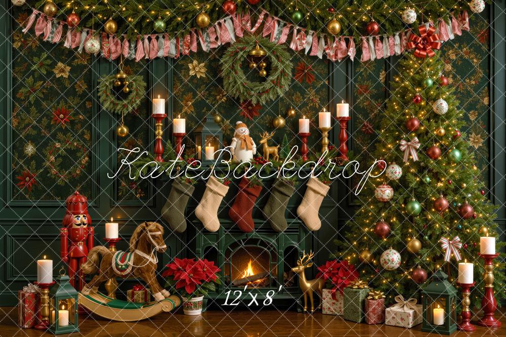 Kate Christmas Tree Green Fireplace Rocking Horse Printed Backdrop Designed by Mini MakeBelieve