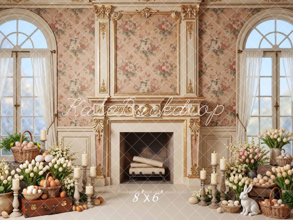 Kate Easter Bunny Fireplace Floral Eggs Printed Backdrop Designed by Mini MakeBelieve