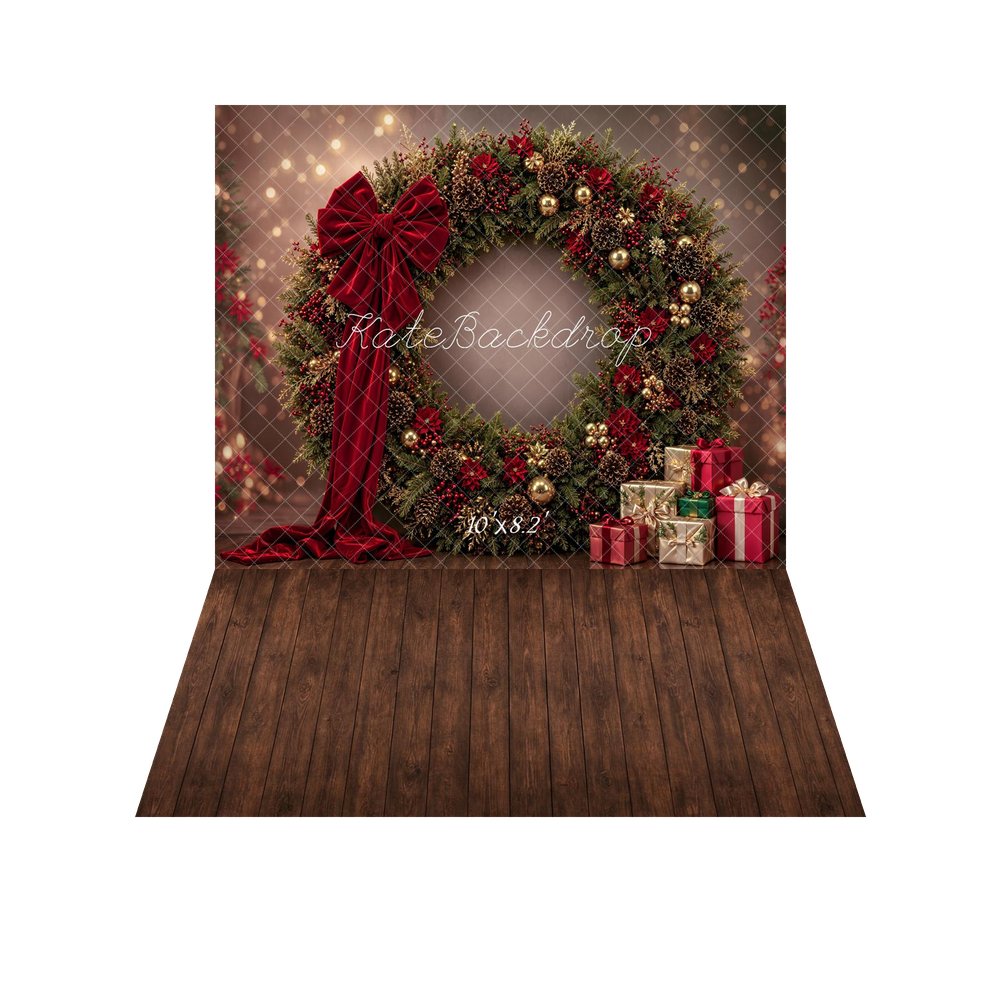 Kate Christmas Large Wreath Red Bow Presents Printed Backdrop+Brown Wood Floor Printed Backdrop