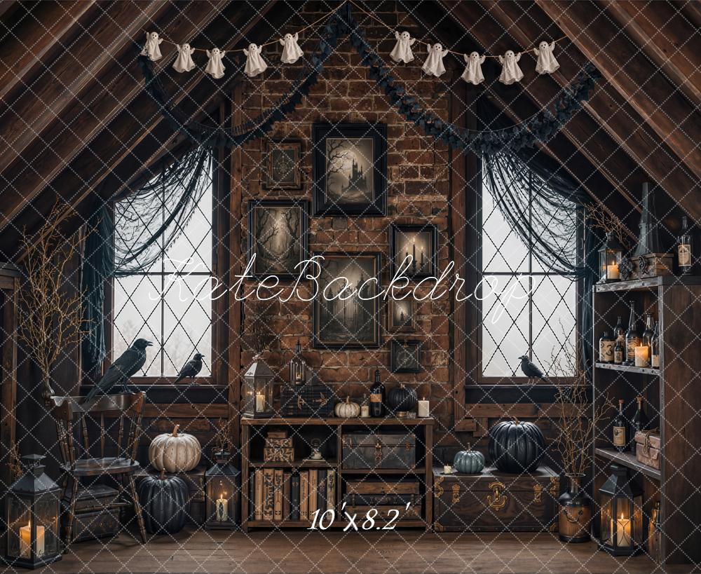Kate Halloween Attic Ravens Black Pumpkins Brick Wall Printed Backdrop Designed by Emetselch