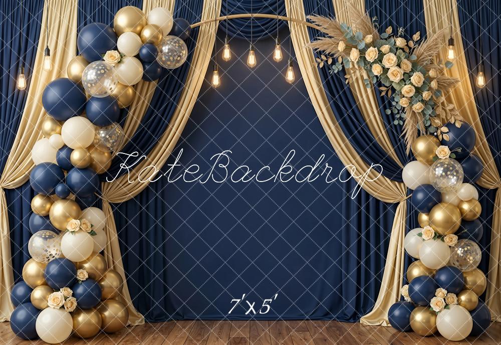 Kate Navy Gold Balloon Garland Floral Arch Curtains Printed Backdrop Designed by Emetselch