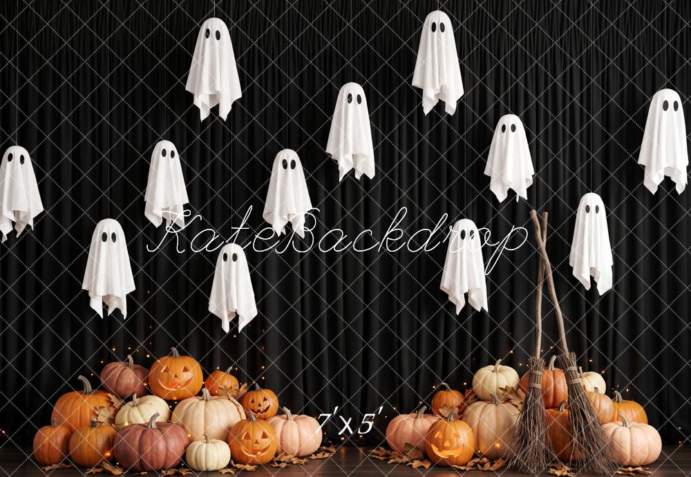 Kate Halloween Ghost Pumpkin Broom Black Wall Printed Backdrop Designed by Patty Roberts