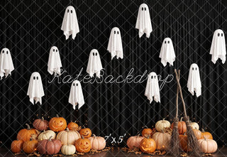 Kate Halloween Ghost Pumpkin Broom Black Wall Printed Backdrop Designed by Patty Roberts