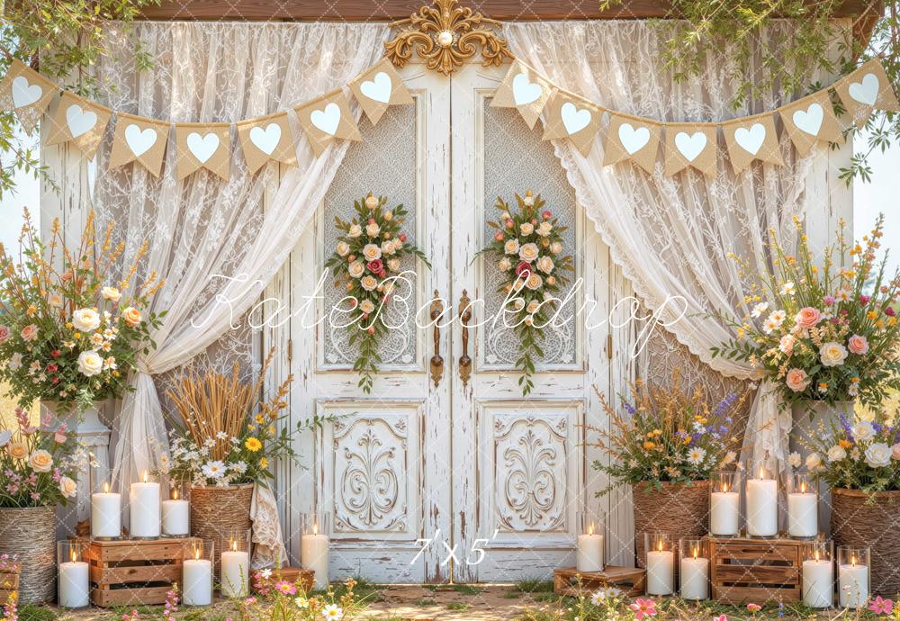 Kate Spring Vintage French Doors Floral Lace Hearts Printed Backdrop Designed by Mini MakeBelieve