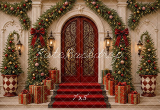 Kate Christmas Mansion Door Entryway Garland Trees Gifts Printed Backdrop Designed by Shutter Swan Studios