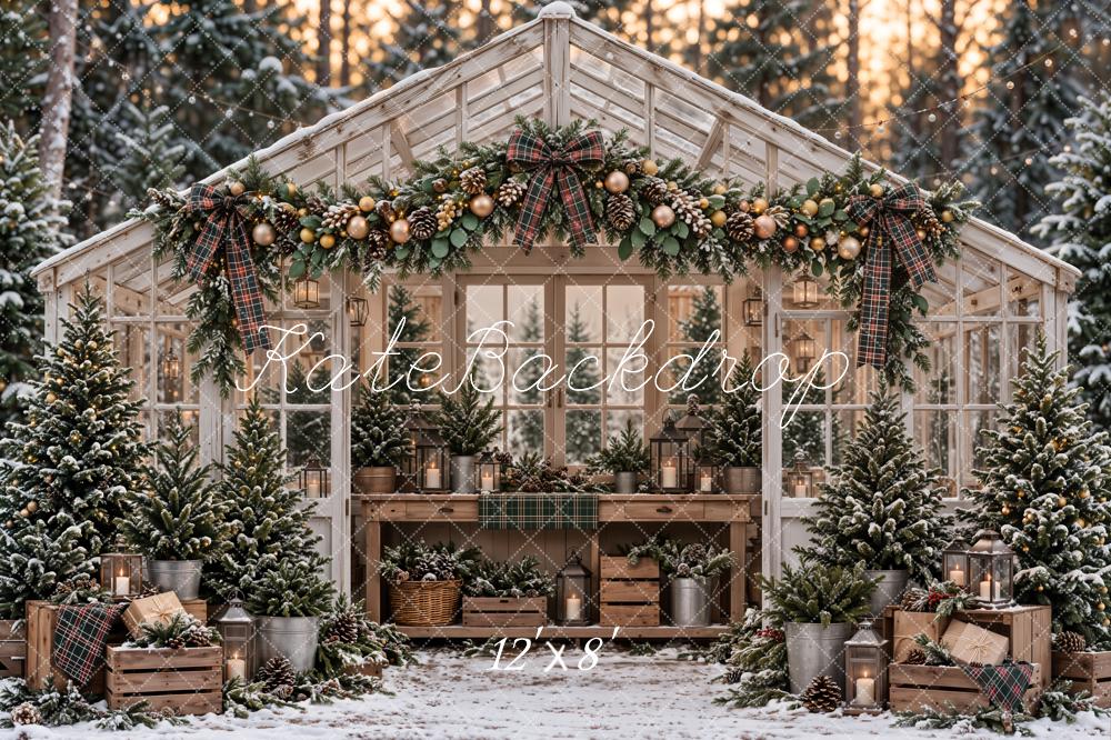 Kate Christmas Greenhouse Snowy Trees Garland Rustic Woodland Printed Backdrop Designed by Emetselch