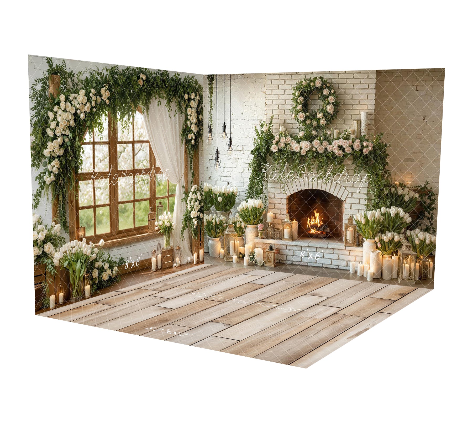 Kate Spring White Brick Fireplace Flower Arch Candles Greenery Backdrop Room Set