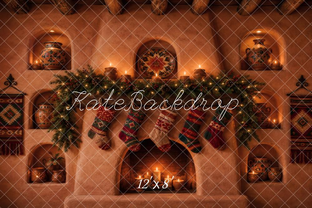 Kate Christmas Southwestern Rustic Fireplace Stockings Garland Printed Backdrop Designed by Vertigo Productions
