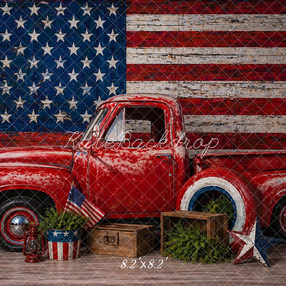 Kate Patriotic Vintage Truck American Flag Red Pickup Printed Backdrop Designed by Caitlin Lynch