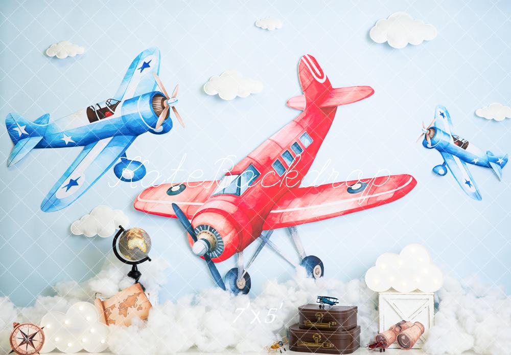 Kate Cake Smash Airplane Clouds Globe Suitcase Map Backdrop Designed by Megan Leigh Photography