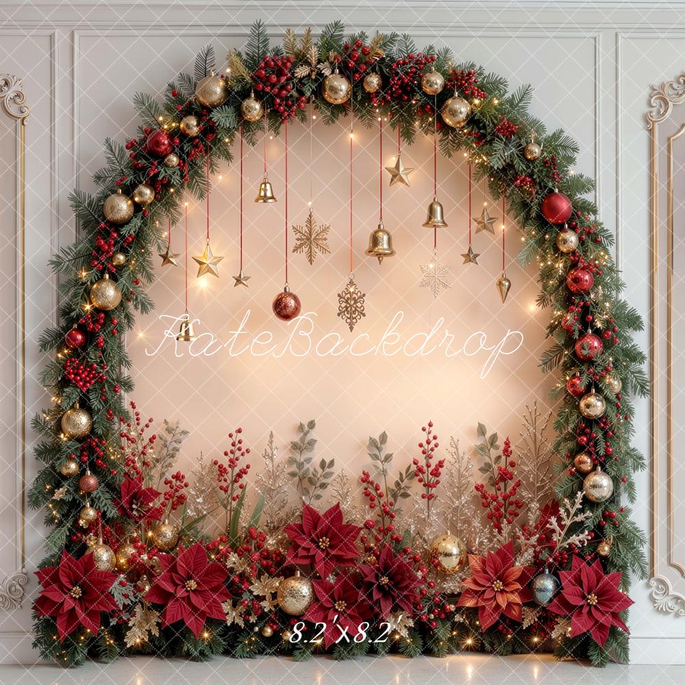 Kate Christmas Arch Ornaments Poinsettias Retro Wall Printed Backdrop Designed by Mini MakeBelieve