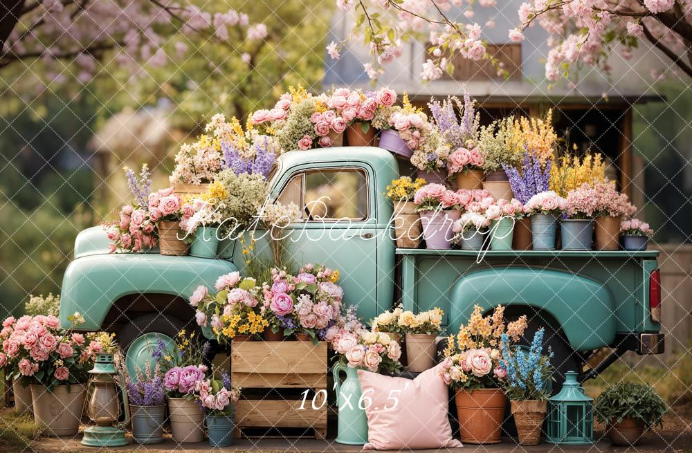 Kate Spring Vintage Truck Flower Pots Garden Printed Backdrop Designed by Emetselch