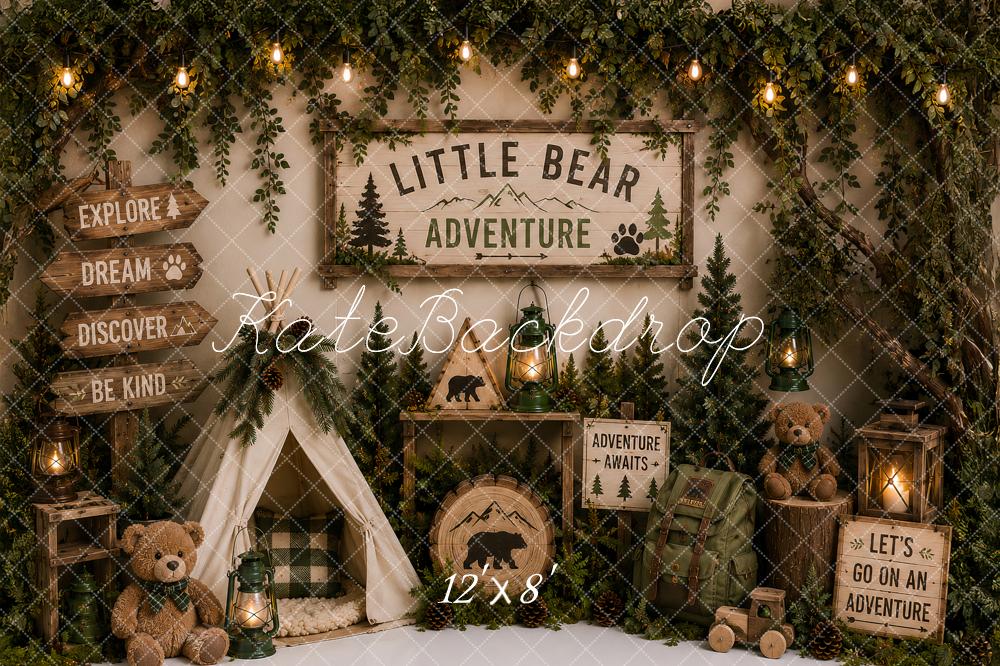 Kate Kids Birthday Forest Adventure Camping Teepee Bear Printed Backdrop Designed by Ashley Paul