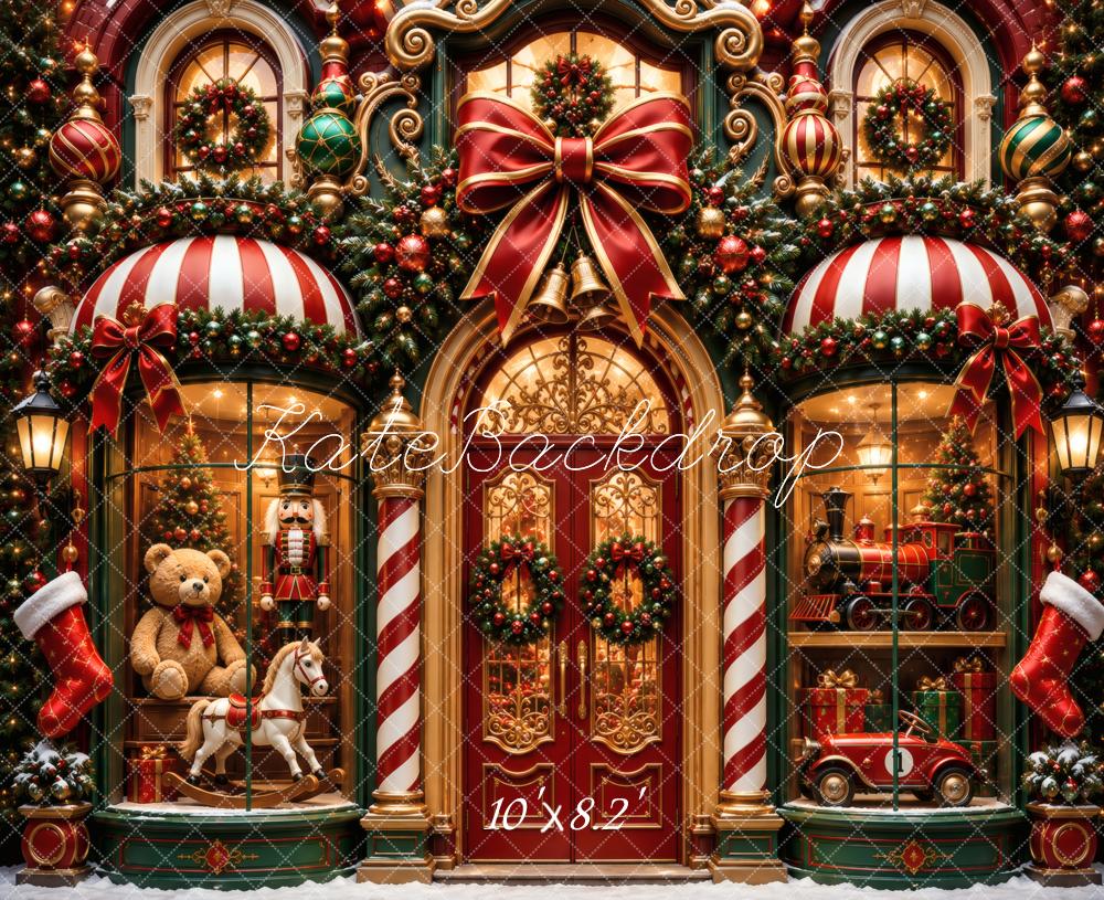 Kate Christmas Toy Store Front Teddy Bear Nutcracker Train Printed Backdrop Designed by Vertigo Productions