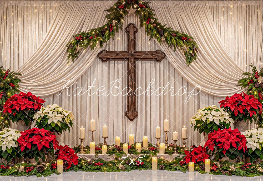 Kate Christmas Church Cross Altar Poinsettia Garland Printed Backdrop Designed by Angela Miller