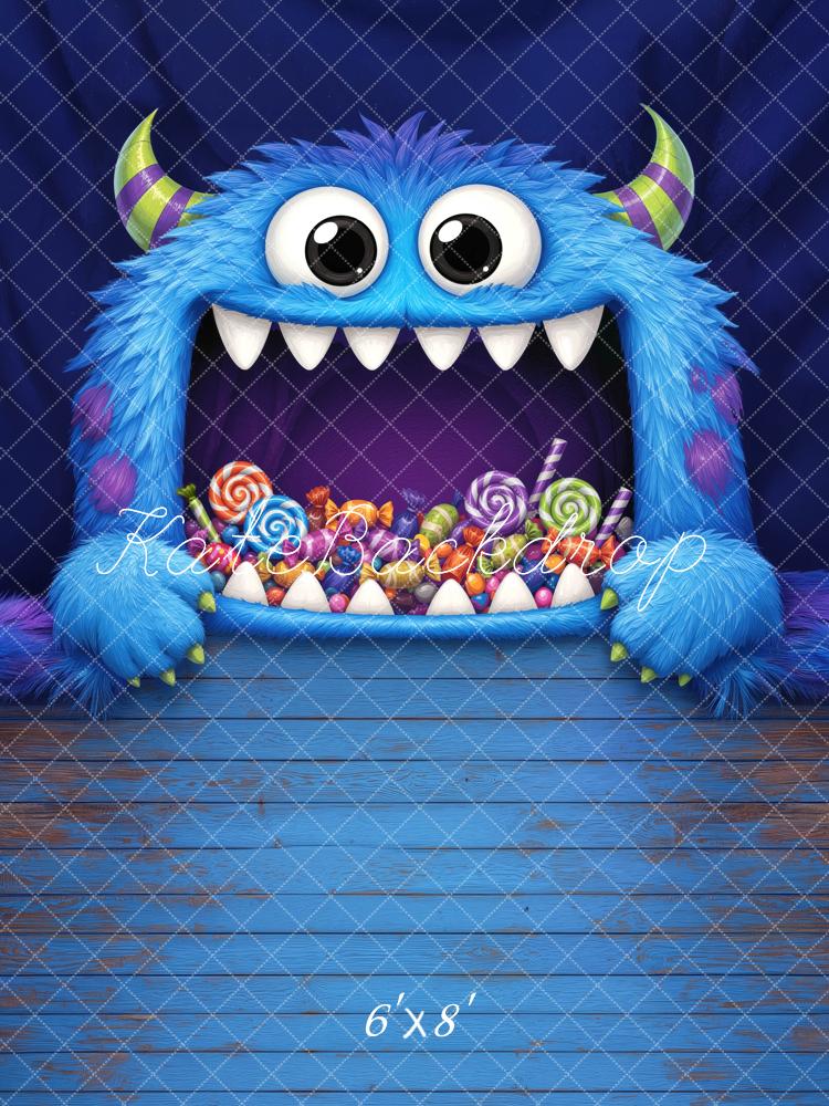 Kate Halloween Trunk or Treat Blue Furry Monster Candy Printed Backdrop Designed by Mini MakeBelieve