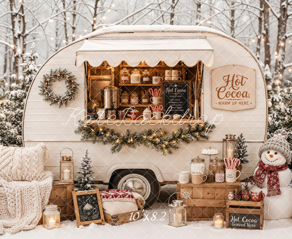 Kate Christmas Hot Cocoa Camper Snowy Forest Snowman Printed Backdrop Designed by Emetselch