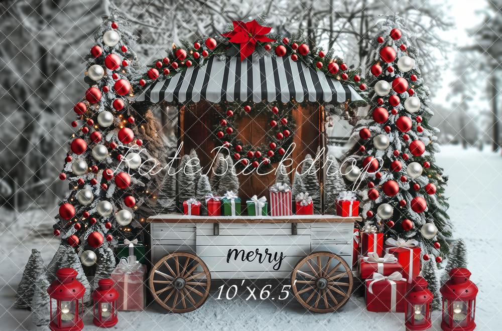 Kate Christmas Hot Cocoa Cart Gift Snowy Trees Forest Backdrop Designed by Mini MakeBelieve