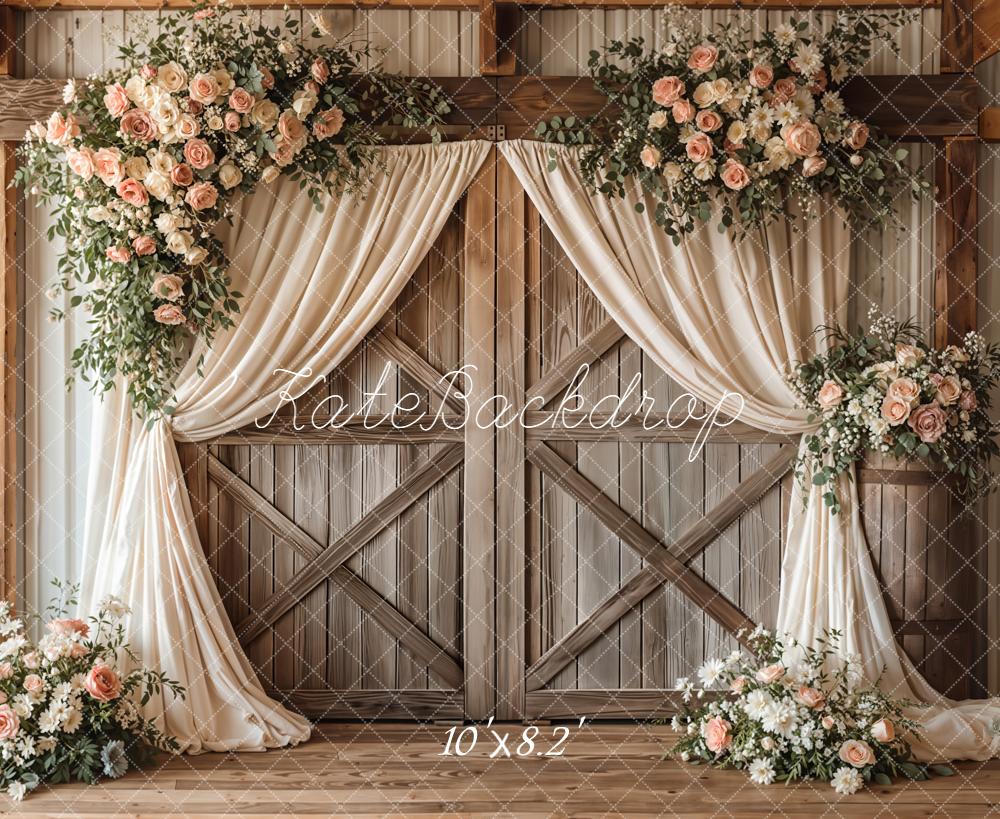 Kate Spring Romantic Flower Arch Barn Doors Cream Drapes Backdrop Designed by Emetselch