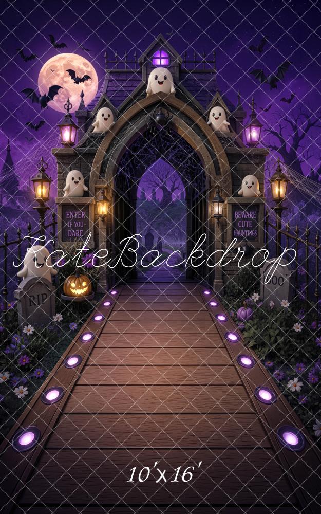 Kate Sweep Halloween Trunk or Treat Haunted Gate Ghosts Purple Printed Backdrop Designed by Mini MakeBelieve