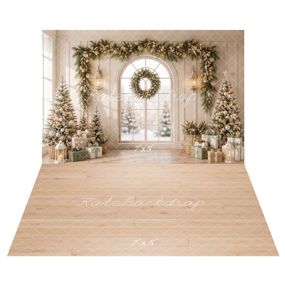 Kate Christmas Window Pine Garland Arch Printed Backdrop+Light Wood Plank Floor Printed Backdrop
