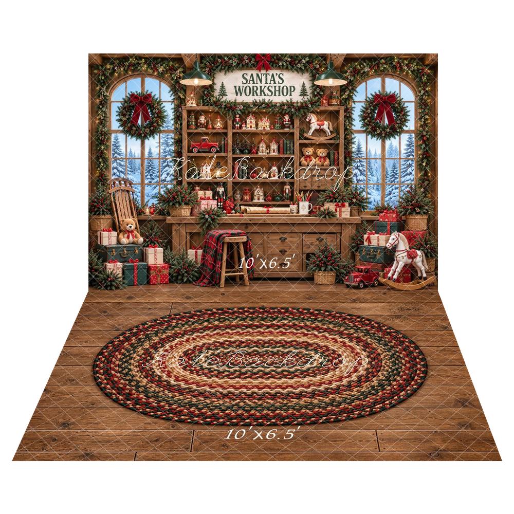 Kate Christmas Santa's Workshop Rustic Brown Toys Cabinet Printed Backdrop+Rustic Wood Plank Braided Rug Floor Printed Backdrop