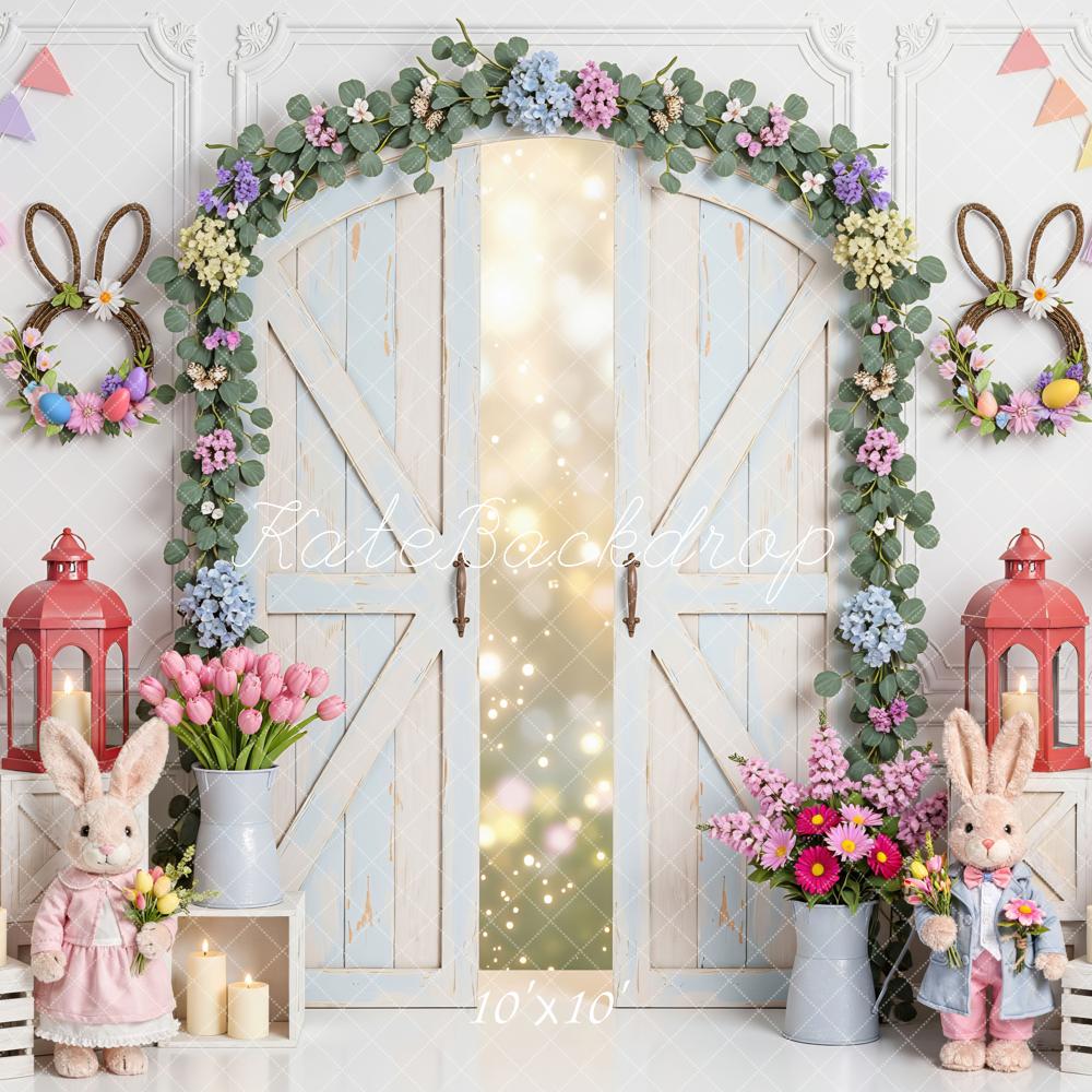 Kate Easter Bunny Flower Arch Pastel Barn Door Printed Backdrop Designed by Mini MakeBelieve