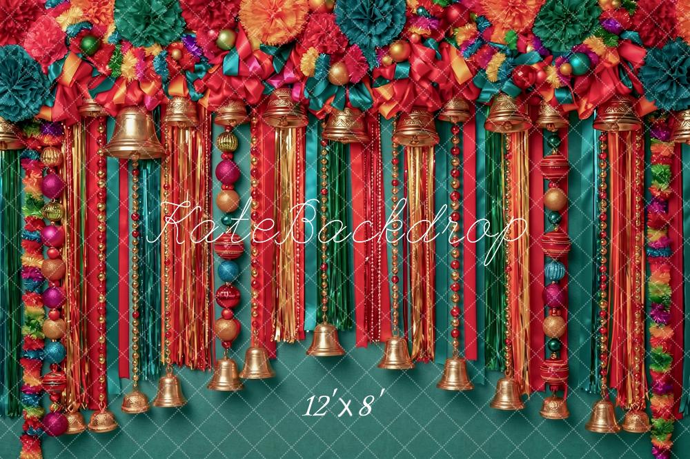 Kate Christmas Bell Ornament Garland Colorful Ribbons Printed Backdrop Designed by Angela Miller
