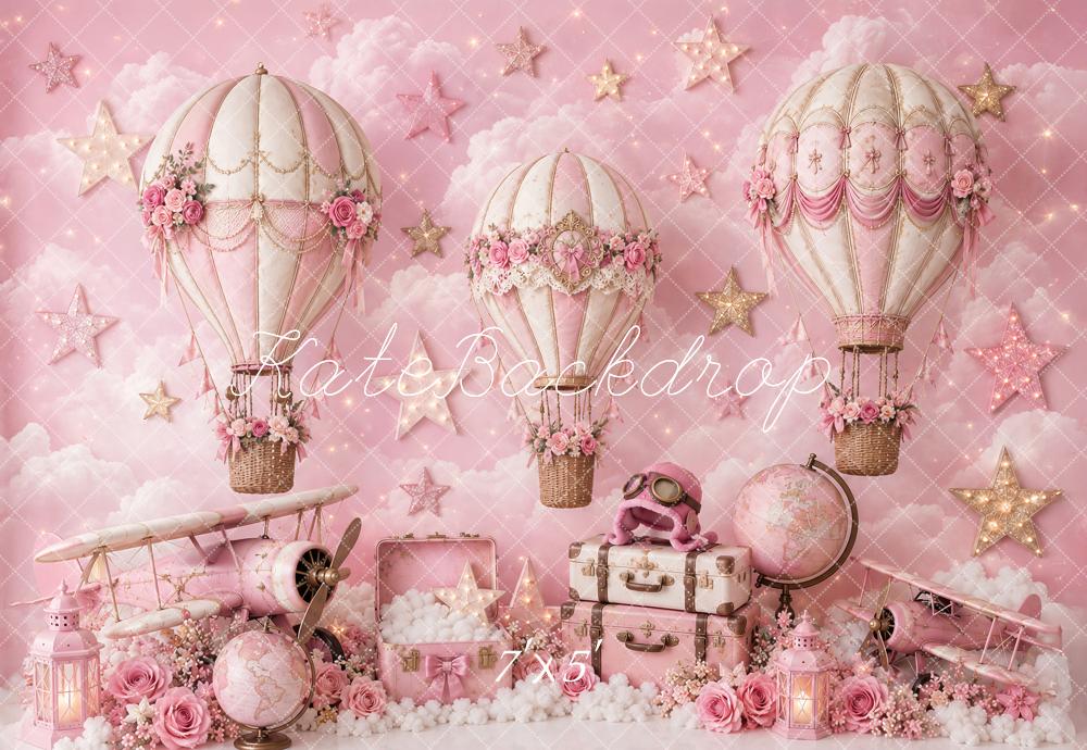 Kate Cake Smash Pink Hot Air Balloons Airplane Travel Printed Backdrop Designed by Ashley Paul