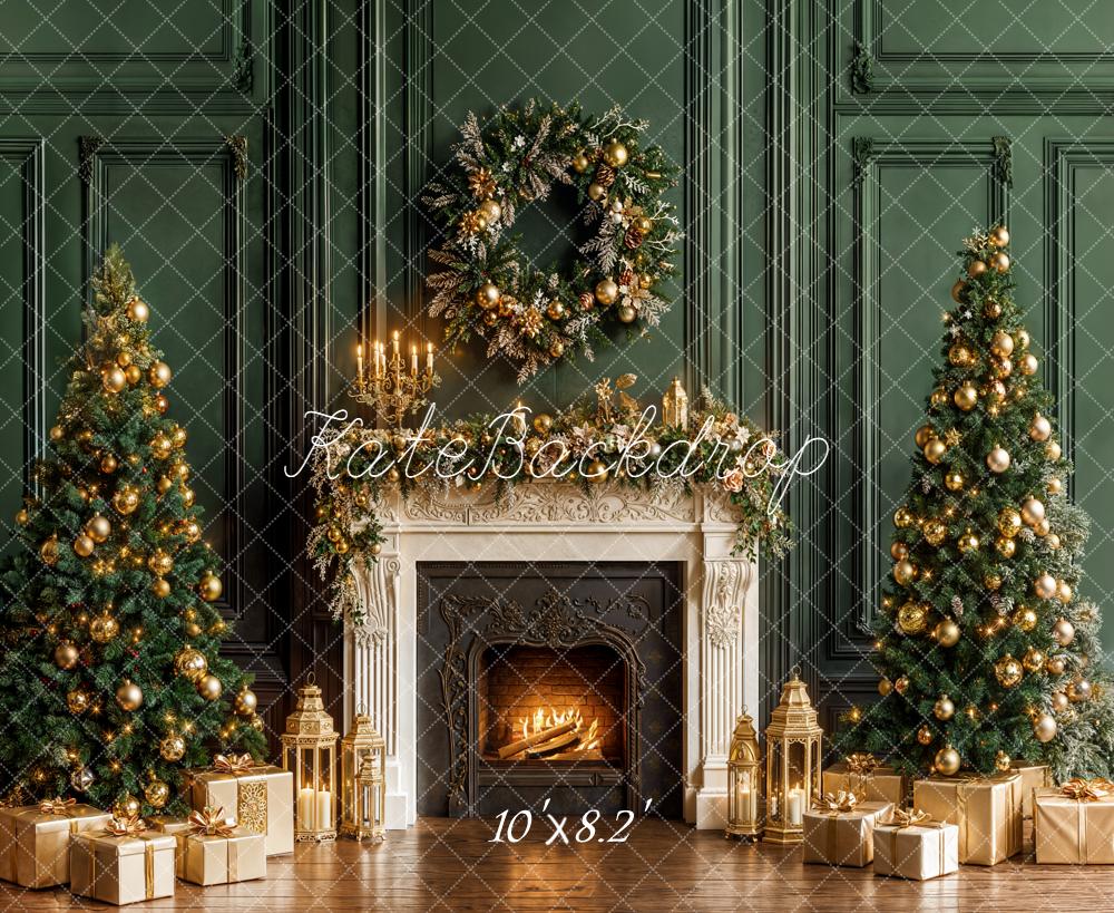 Kate Christmas Trees Fireplace Green Wall Gold Gifts Backdrop Designed by Emetselch