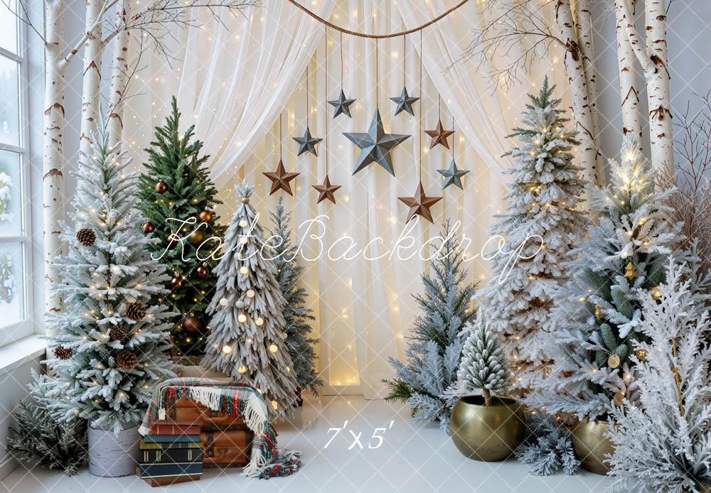 Kate Christmas Indoor Snowy Trees Cream White Curtains Stars Garland Printed Backdrop Designed by Mini MakeBelieve