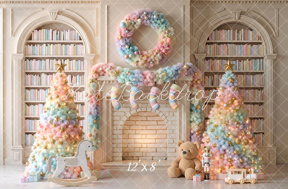 Kate Christmas Trees Pastel Colorful Fireplace Wreath Library Printed Backdrop Designed by Emetselch