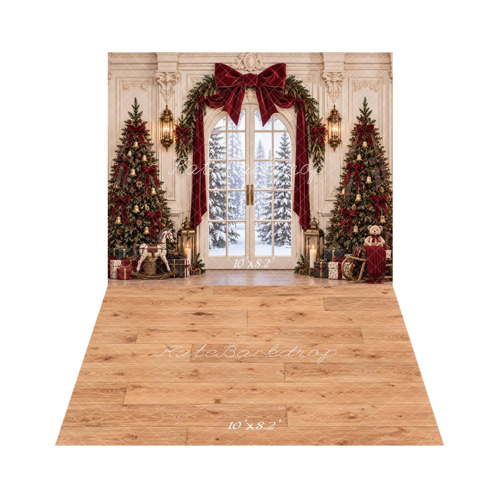 Kate Christmas Snowy Window Garland Christmas Trees Printed Backdrop+Light Brown Wood Plank Floor Backdrop Printed Backdrop